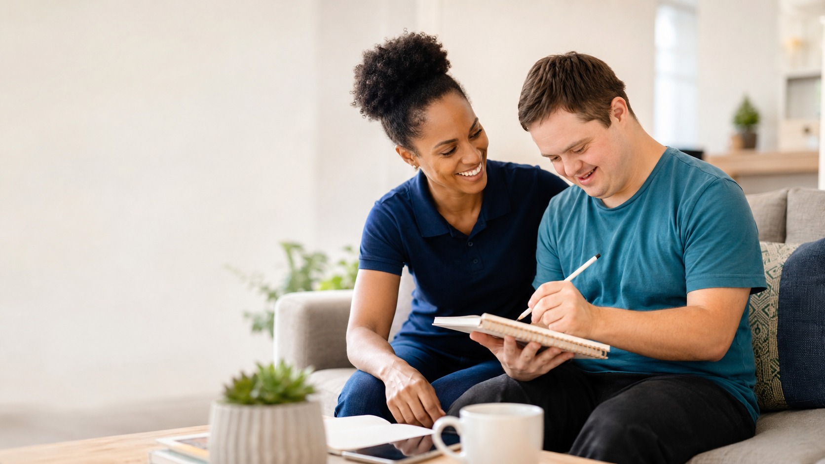 A support professional and an adult working together on a written activity at home